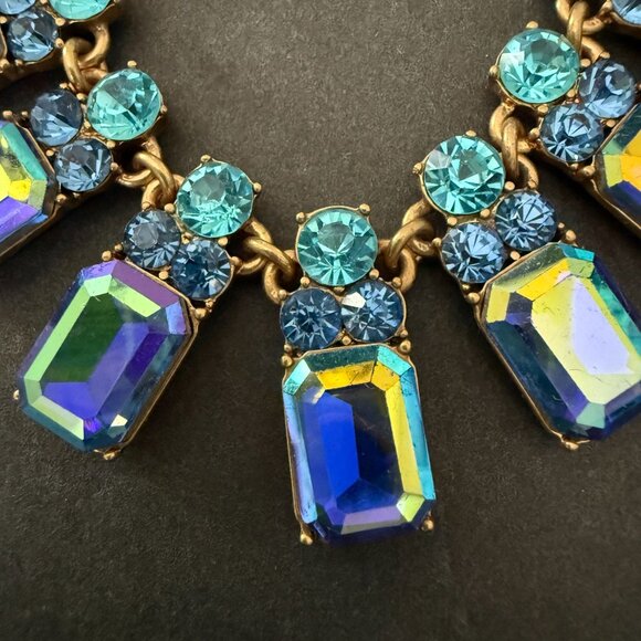 J Crew Statement Necklace Iridescent Blue Turquoise Crystal Stones Gold Adjustab - Picture 6 of 16